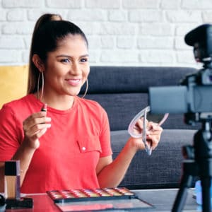 Girl Recording Vlog Video Blog At Home With Digital Camera