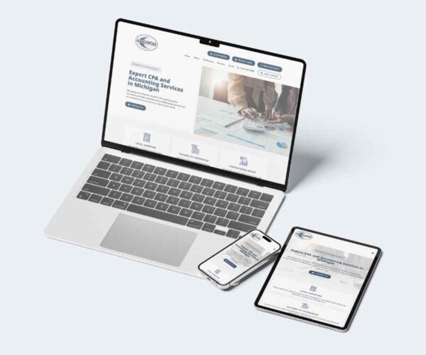 A laptop, smartphone, and tablet mockup displaying the clean, modern homepage design of the Accountax financial services website.
