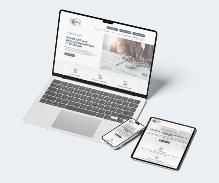 A laptop, smartphone, and tablet mockup displaying the clean, modern homepage design of the Accountax financial services website.