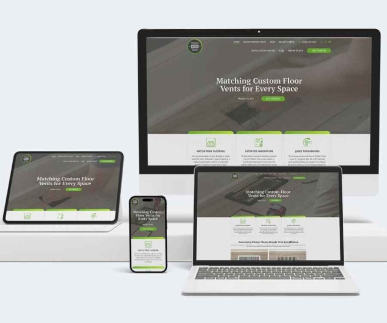 Display of the sleek, custom-designed homepage of the Perfect Vents website on different types of devices.