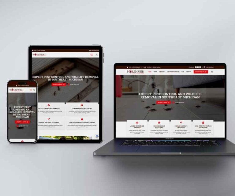 A laptop, smartphone and tablet mockup displaying the clean, conversion-focused homepage design of the Solidified Pest Control website.